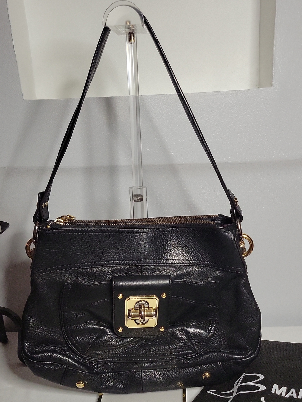 B. Mokowsky Black Leather Shoulder Bag with Gold Hardware